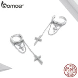 925 Silver Cross Earrings with CZ Shine, Long Hoop Chain for Women