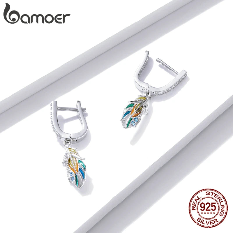 925 Sterling Silver Colorful Feather Earring Unique Ear Buckles