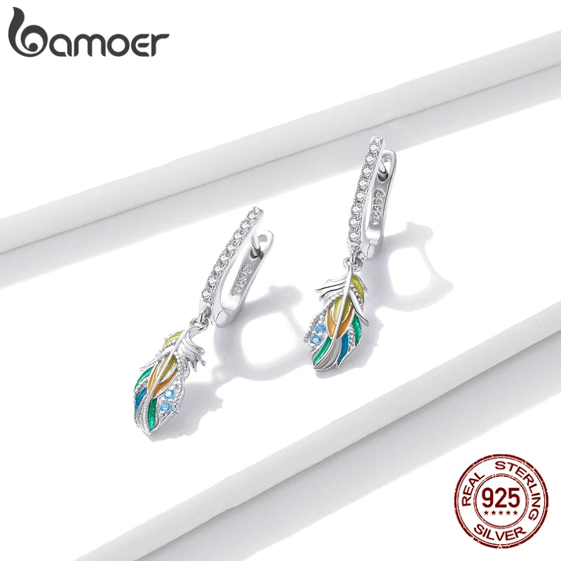 925 Sterling Silver Colorful Feather Earring Unique Ear Buckles