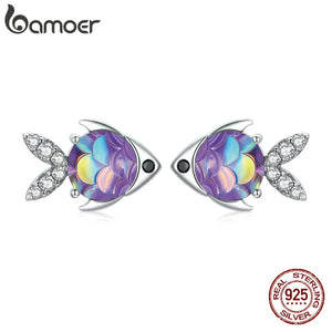 925 Silver Fish Stud Earrings Tropical Fish Jewelry for Women