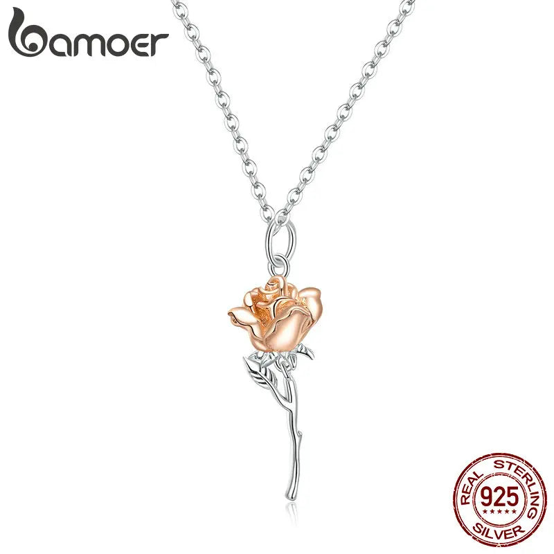925 Silver Graceful Rose Pendant Necklace Platinum Plated