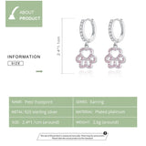 Silver Dog Paw Pink CZ Drop Earrings Women Wedding Statement Jewelry