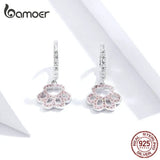 Silver Dog Paw Pink CZ Drop Earrings Women Wedding Statement Jewelry