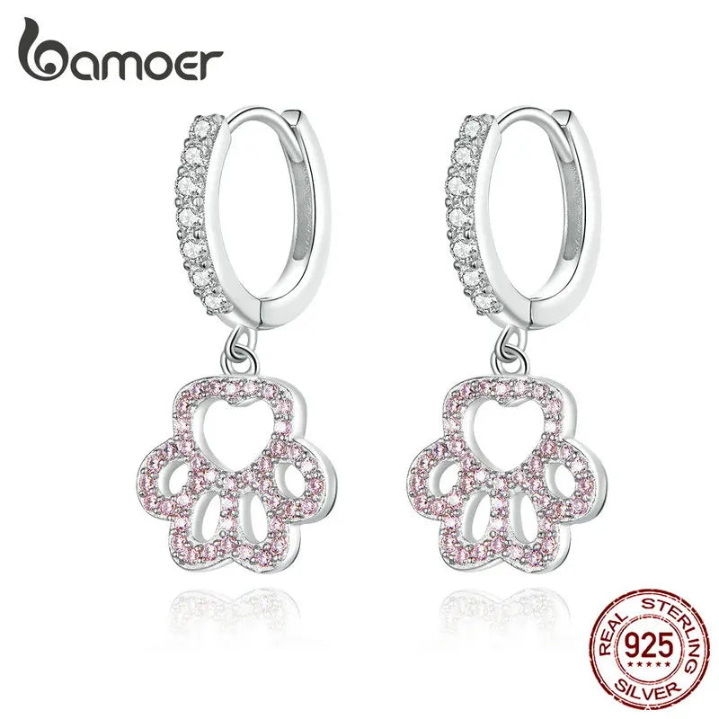 Silver Dog Paw Pink CZ Drop Earrings Women Wedding Statement Jewelry