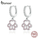 Silver Dog Paw Pink CZ Drop Earrings Women Wedding Statement Jewelry