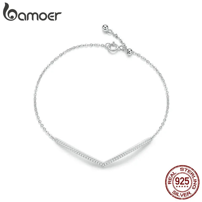 Geometric Silver Bracelet with Clear CZ Chain for Women