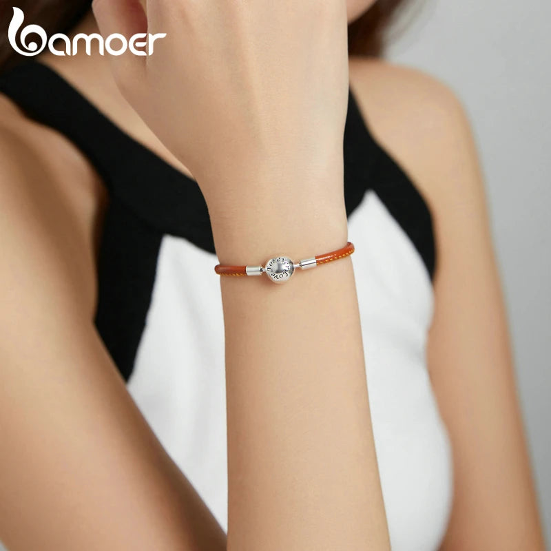925 Silver Brown Leather Chain Bracelet Retro Style Women DIY Jewelry SCB215