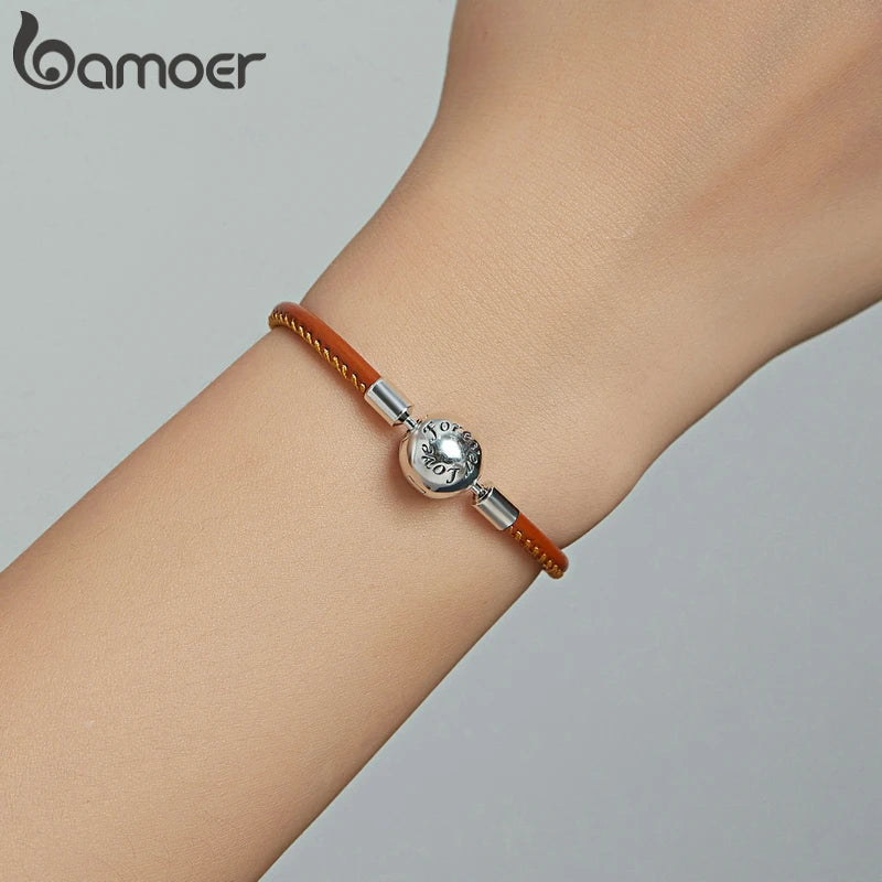 925 Silver Brown Leather Chain Bracelet Retro Style Women DIY Jewelry SCB215