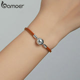925 Silver Brown Leather Chain Bracelet Retro Style Women DIY Jewelry SCB215