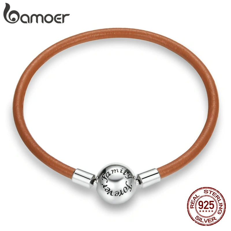 925 Silver Brown Leather Chain Bracelet Retro Style Women DIY Jewelry SCB215