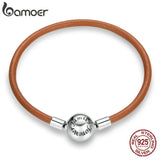 925 Silver Brown Leather Chain Bracelet Retro Style Women DIY Jewelry SCB215