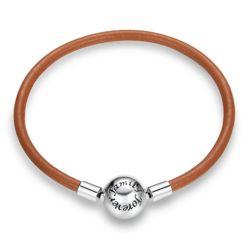 925 Silver Brown Leather Chain Bracelet Retro Style Women DIY Jewelry SCB215