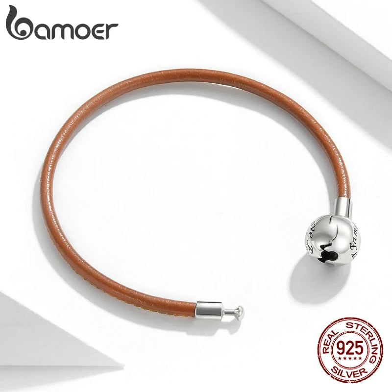 925 Silver Brown Leather Chain Bracelet Retro Style Women DIY Jewelry SCB215