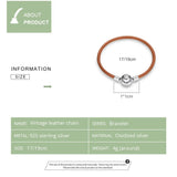 925 Silver Brown Leather Chain Bracelet Retro Style Women DIY Jewelry SCB215