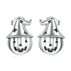 Vintage 925 Silver Ghost Witch Halloween Pumpkin Stud Earrings BSE537