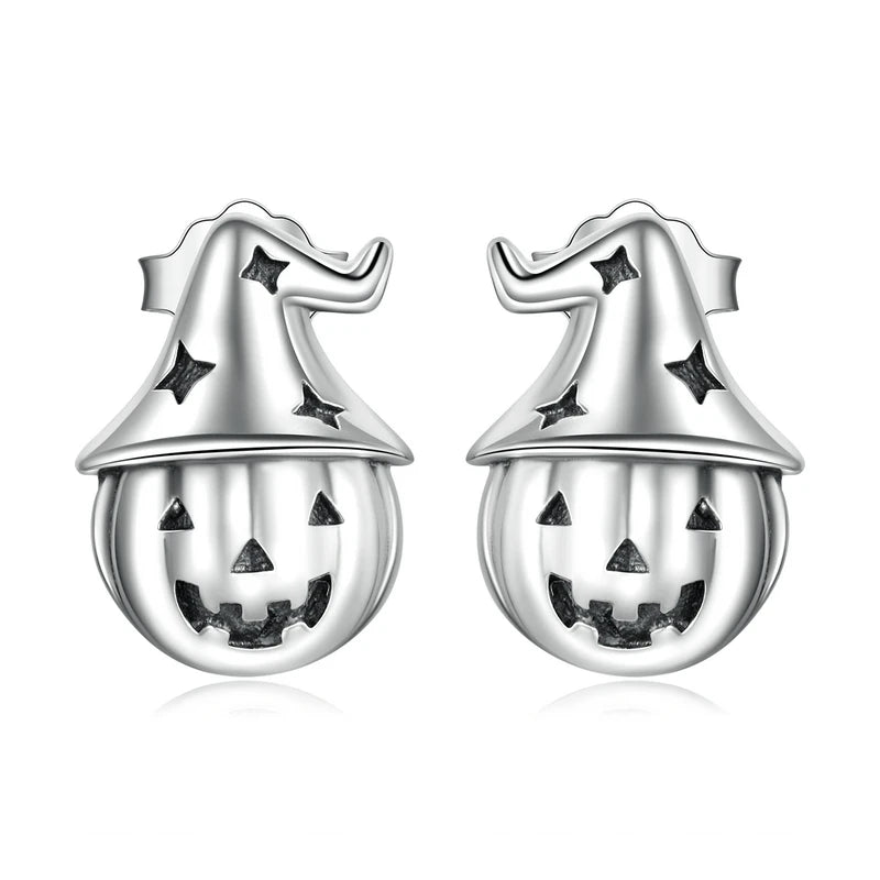 Vintage 925 Silver Ghost Witch Halloween Pumpkin Stud Earrings BSE537