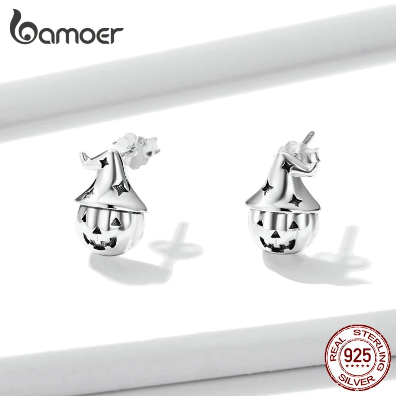 Vintage 925 Silver Ghost Witch Halloween Pumpkin Stud Earrings BSE537