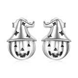 Vintage 925 Silver Ghost Witch Halloween Pumpkin Stud Earrings BSE537