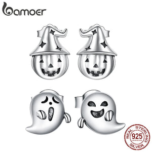 Vintage 925 Silver Ghost Witch Halloween Pumpkin Stud Earrings BSE537