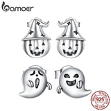 Vintage 925 Silver Ghost Witch Halloween Pumpkin Stud Earrings BSE537