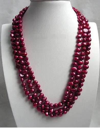 Baroque 3-Row Red Wine Freshwater Pearls Necklace