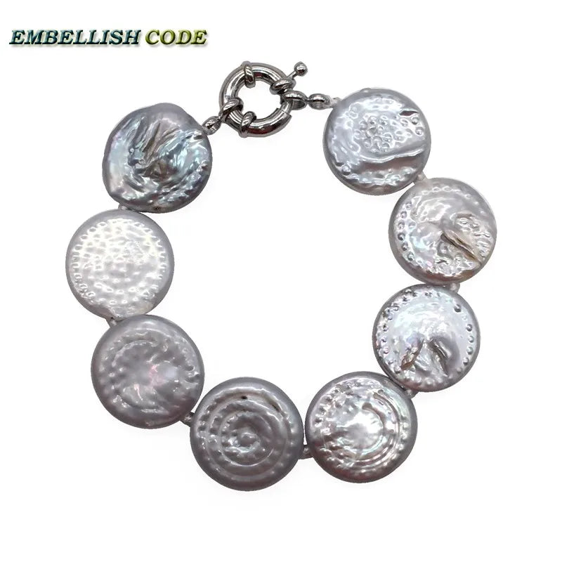 Baroque Large Pearl Bracelet Bangle Gray Colorful Flat Round Coin Button Shape