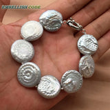 Baroque Large Pearl Bracelet Bangle Gray Colorful Flat Round Coin Button Shape