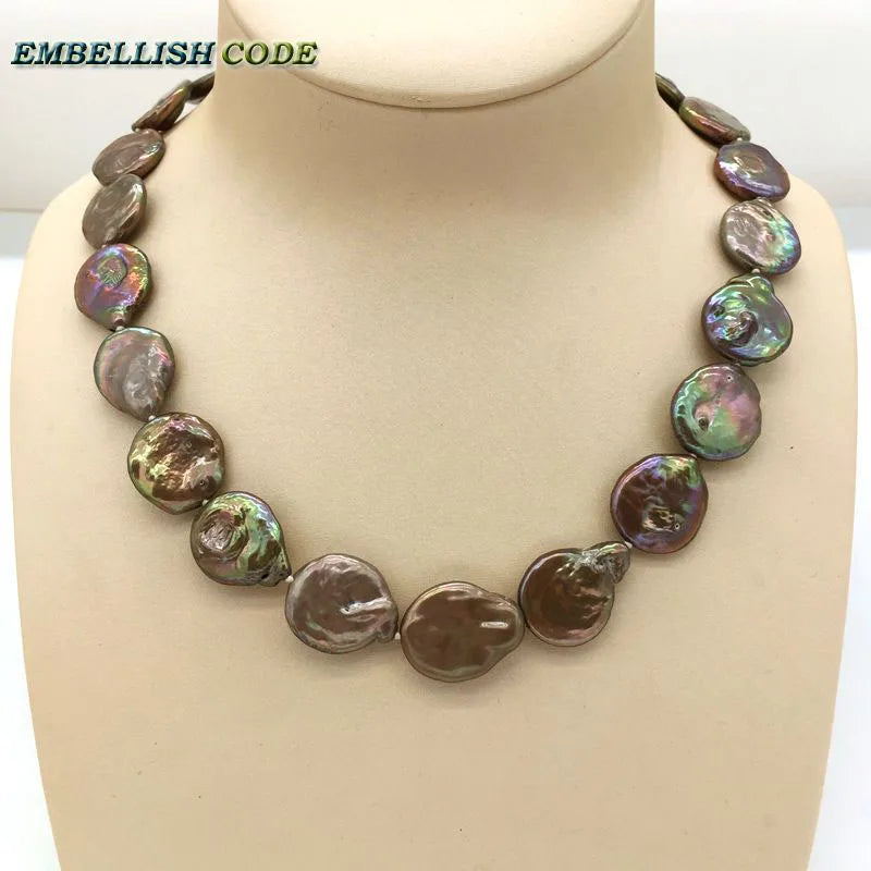 Baroque Pearl Choker Statement Necklace Brown Coffee Round Coin Flat Shape