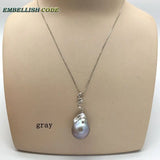 Baroque Pearls Zircon Pendant Necklace Flameball Shape Grey Purple Golden 18''
