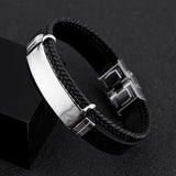 Custom Engraved Men's Braided Faux Leather & Stainless Steel Bracelet