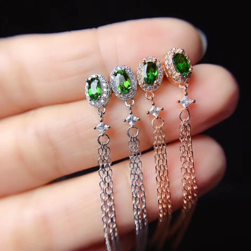 Green Diopside Tassel Earrings 925 Silver Natural Gem
