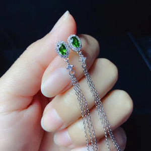 Green Diopside Tassel Earrings 925 Silver Natural Gem