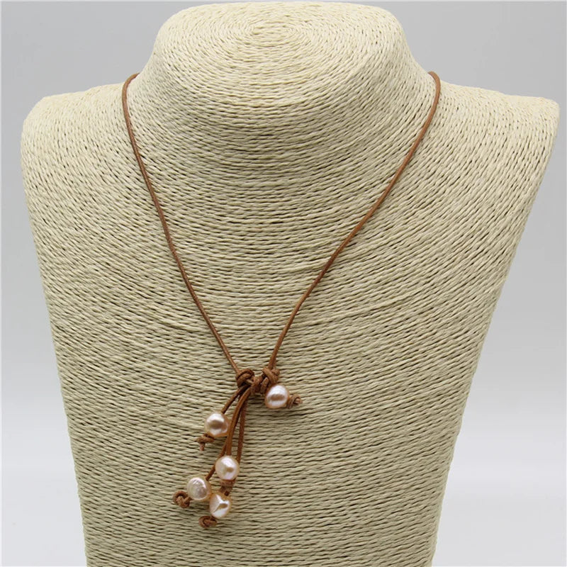 Orange Baroque Pearl Leather Necklace for Women