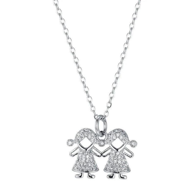 925S Silver Braid Double Girls Diamond Pendant Necklace
