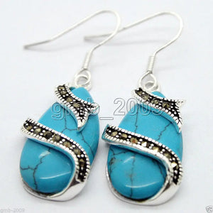 Turquoise 925 Silver Marcasite Earrings 15*26mm