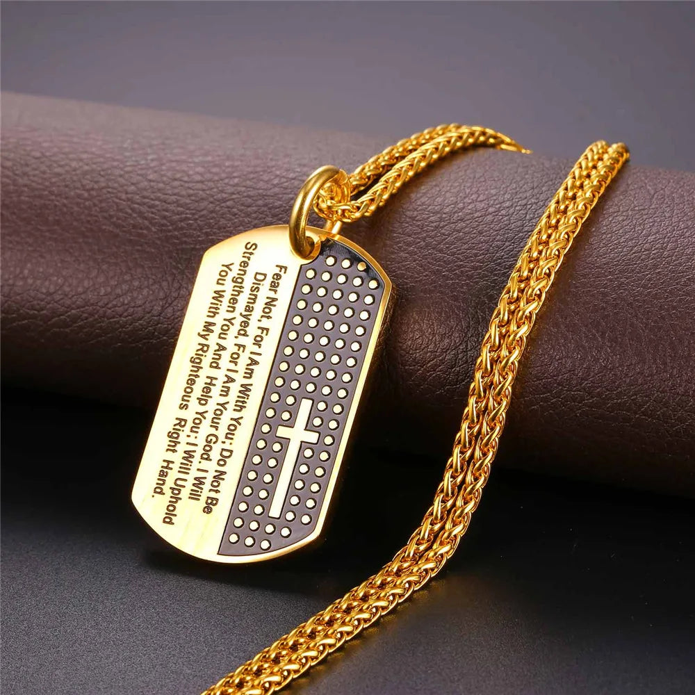 Bible Cross Dog Tag Necklace for Men with Stainless Steel Chain