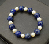 LAPIS LAZULI/WHITE PEARL 12mm Bracelet 7.5in