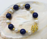 Lapis & Freshwater Pearl 12mm 9-10mm Bracelet 7.5in Nature Beads