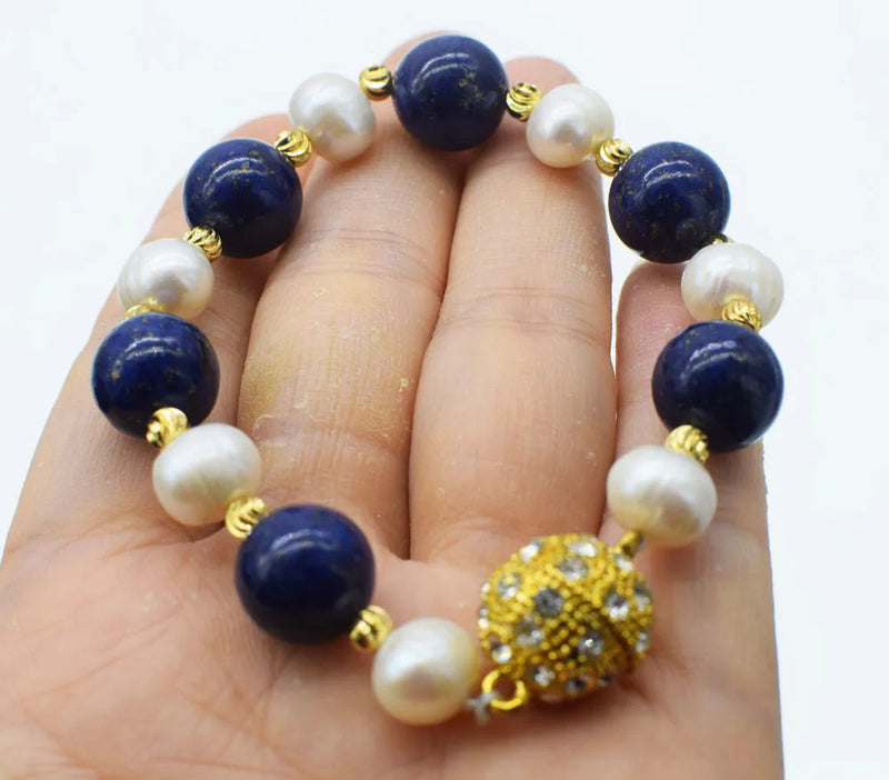 Lapis & Freshwater Pearl 12mm 9-10mm Bracelet 7.5in Nature Beads