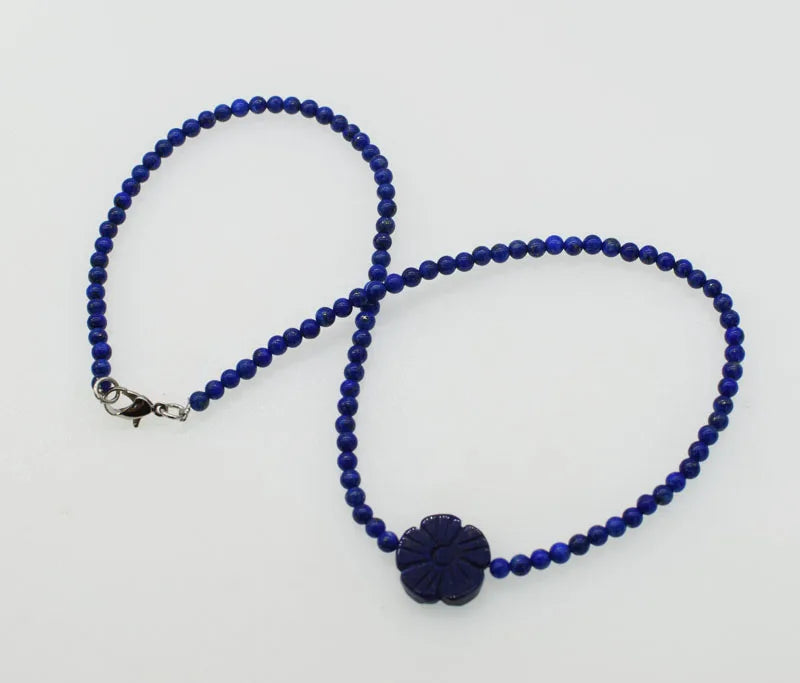 Lapis Lazuli Flower Choker Necklace 16.5inch Beads Nature Woman
