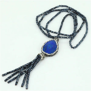 Bohemia Dark Lapis Lazuli Stone Necklace with Tassel Pendant