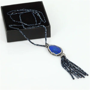 Bohemia Dark Lapis Lazuli Stone Necklace with Tassel Pendant