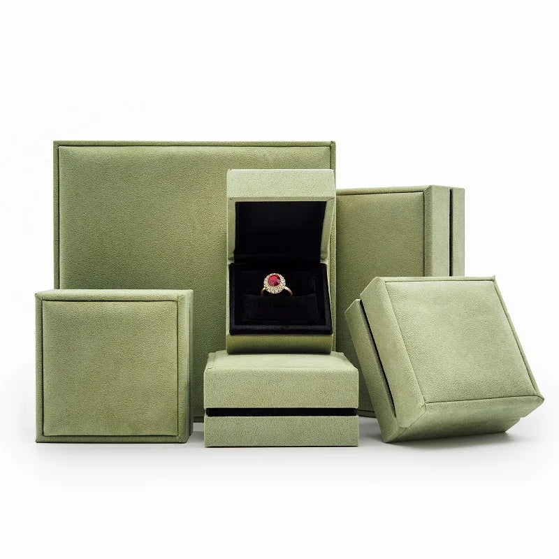 Green Suede Jewelry Box Set with Four-Leaf Clover Necklace