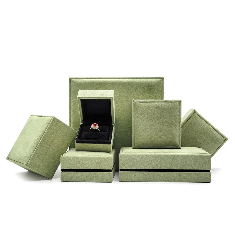 Green Suede Jewelry Box Set with Four-Leaf Clover Necklace