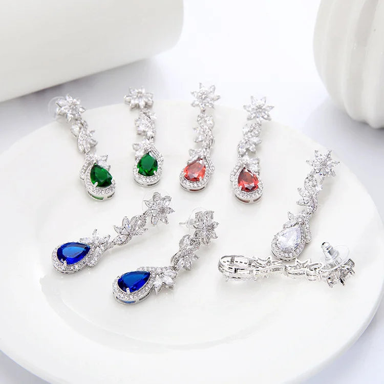 Colorful Zircon Tassel Earrings, Electroplated Flowers