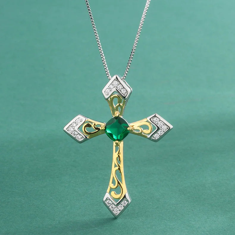 Emerald Pendant Female Wind Colorful Cross Red Treasure Plated Necklace
