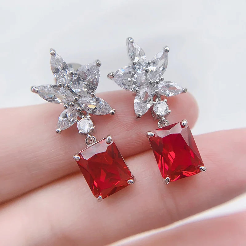 Red Natural Garnet Gemstone Women's Stud Earrings
