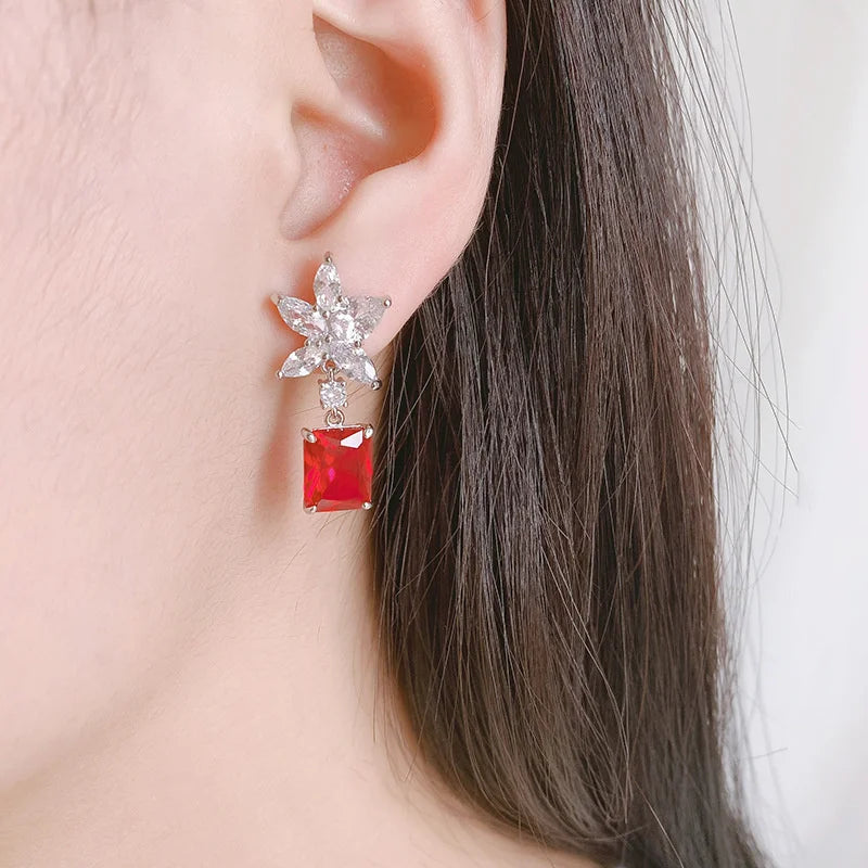 Red Natural Garnet Gemstone Women's Stud Earrings