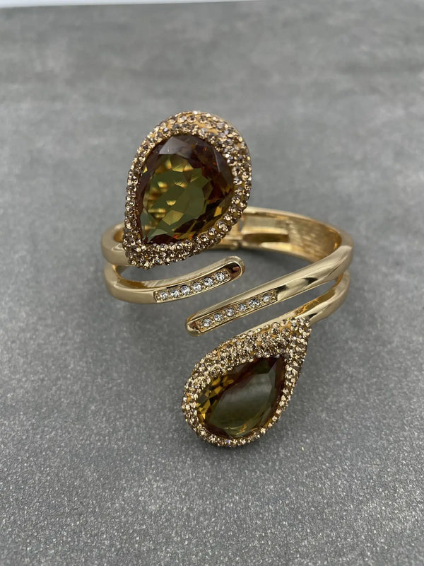 Brown Quartz and Zircon Bangle Cuff Bracelet with Nature Beads
