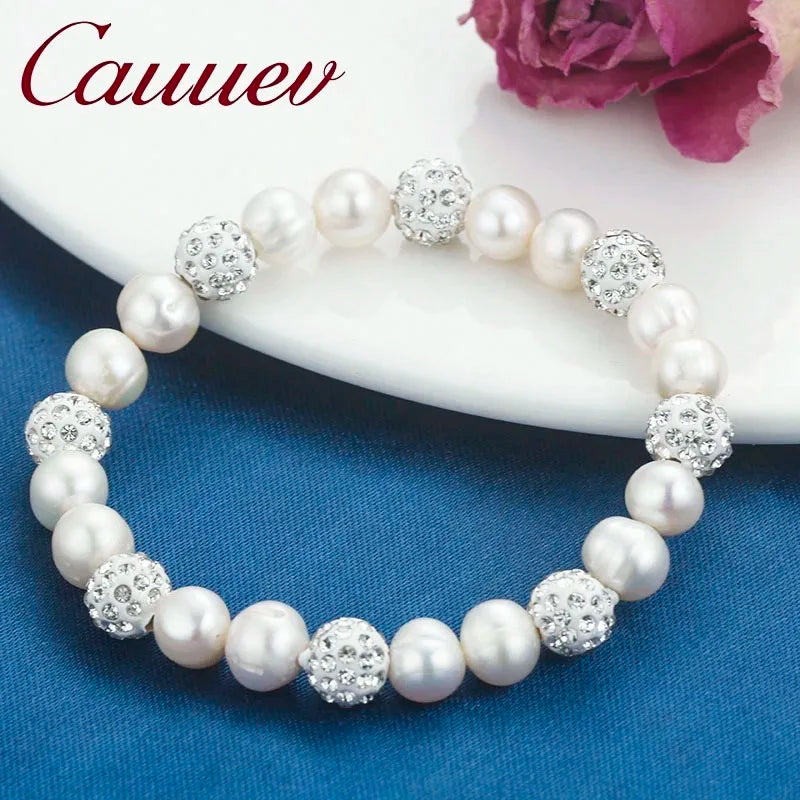 Freshwater Pearl Bracelet with Zircon Ball Elasticity Jewelry